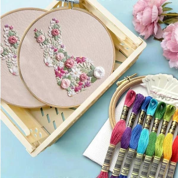 Kanin i blomst påske broderisæt - Påskehare i blomst broderisæt til begyndere, DIY håndarbejde