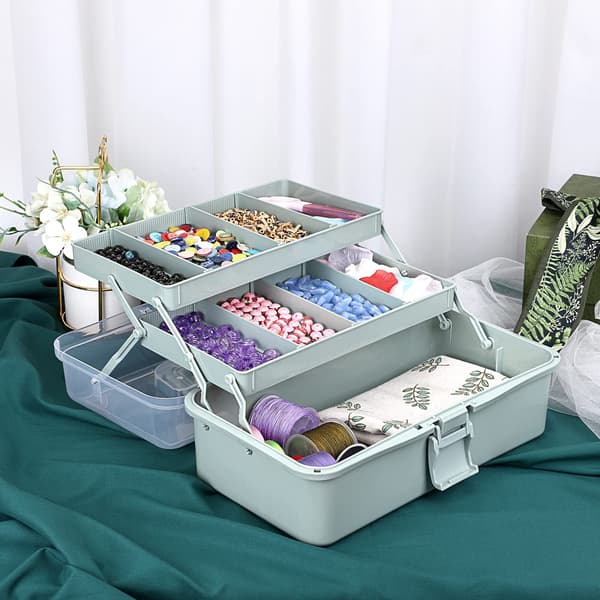 3-Layer Plastic Organizer, Divided Storage with Adjustable Dividers, Portable Craft Box for Medicine, Sewing, Art Supplies Green
