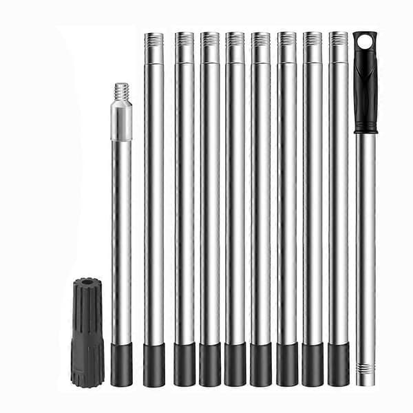 Färgroller förlängningsstång 3,6 m, 10-segmenterad teleskopstång i rostfritt stål, förlängningsstång med konisk adapter Silversvart