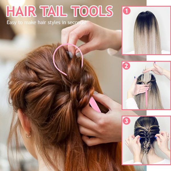 French Braid Tool, Rat Tail Comb and Metal Braid Pin in Pink 3 Pcs