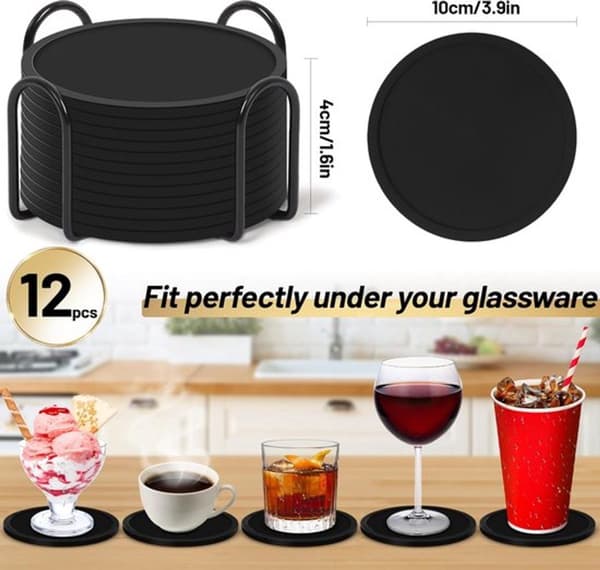 Silikonebrikker med holder, sæt med 12 brikker til glas, runde brikker, skridsikre, varmebestandige, sort gave