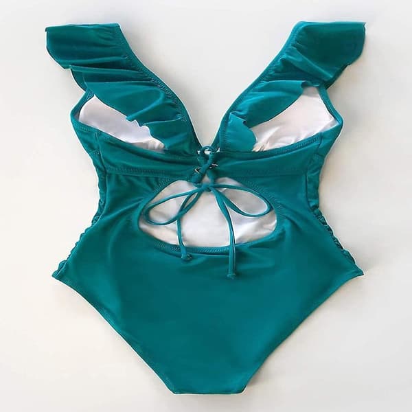 Dame V-hals Badedragt med flæser og snøre Niuniu Bright Cyan Medium