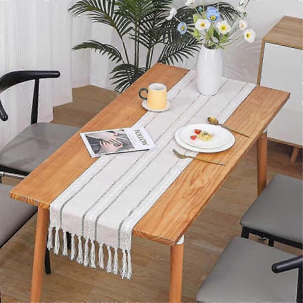 2-pack linneduk, 33x198 cm, flätade ränder för matsalen white grey