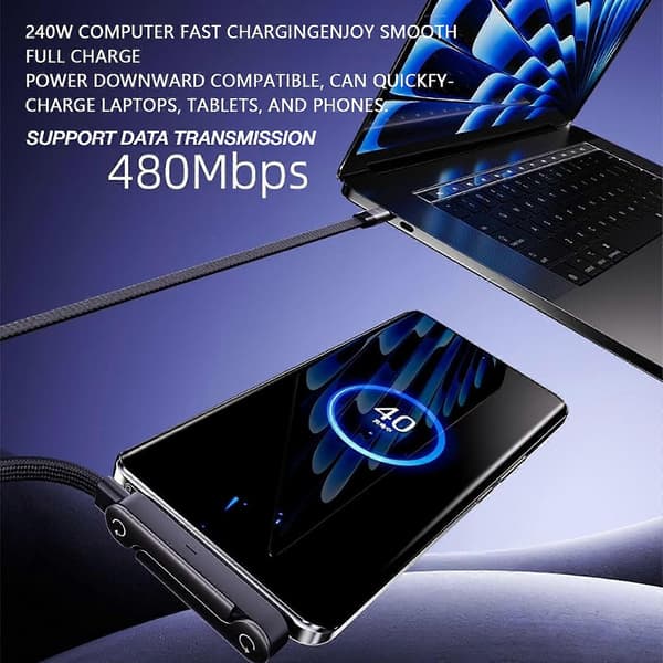 Sidevejs telefonoplader med foldbart stativ - 240W USB-C hurtigopladningskabel til iPhone 17-15, Android, gaming, rejser og håndfri visning (1,5m)