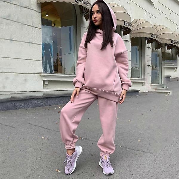 2-delt hættetrøjesæt, ensfarvet pullover-sweatshirt og joggingbukser, tykt træningssæt Pink S