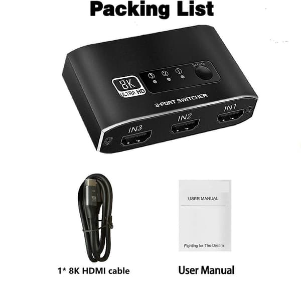 Praktisk och vacker 3-i-1 HDMI-växlare som stöder HDCP2.3 8K 60hz HDMI 2.1-växlare 3X1 4K 120HZ