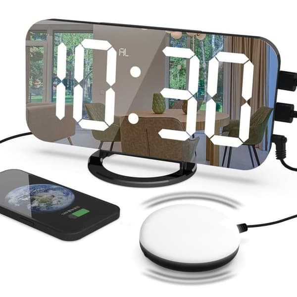 Extra stark digital väckarklocka för djupsovare | Med sängvibrator + justerbar LED-belysning | Dubbla larm & snooze-funktion