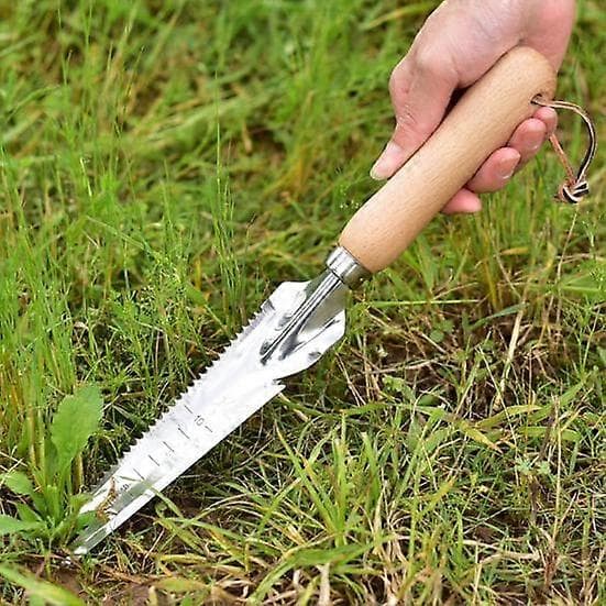 Praktisk og vakker 5-i-1 hagetrowel i rustfritt stål ugressfjerner med trehåndtak multifunksjonell håndluker for enkel ugressfjerning