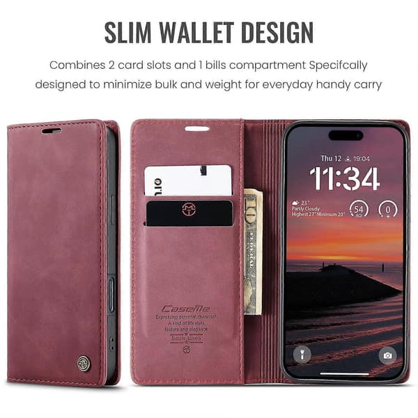 CASEME 013 Series PU Läder Plånboksfodral med Stativ för iPhone 17 Pro Max (Röd, Röd)