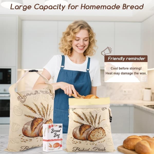 2-pack XL beeswax bread bags for sourdough, reusable organic cotton storage, freezer safe