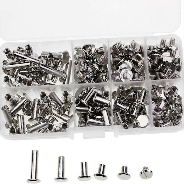 100-pack bindningsskruvar och nitade spikar, 5 storlekar, metall, runda