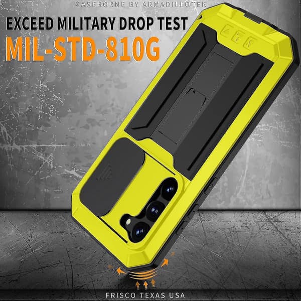 Military Shockproof Metal Case for Samsung Galaxy S23 Ultra/ S23+/ S23 with Screen Protector Holder/Lens Protector Yellow