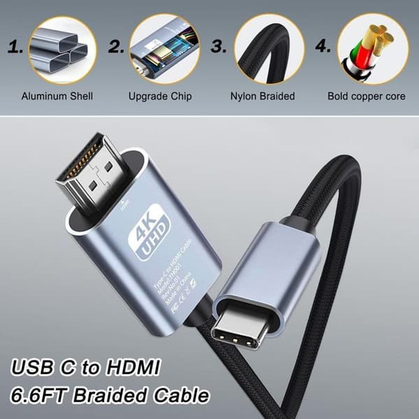 USB C - HDMI-kaapeli 4K 60Hz Type C (Thunderbolt 3) - HDMI Surface, MacBook, iMac, iPad, Dell, HP, Lenovo, Galaxy, Huawei -