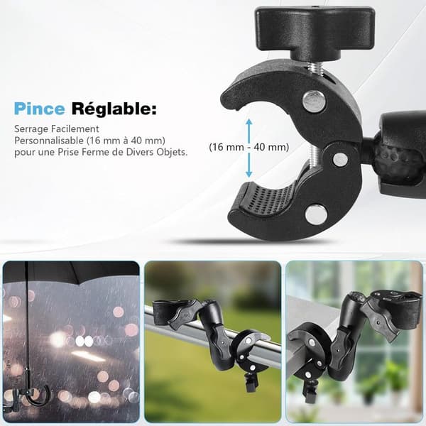 Universal Double Clamp Umbrella and Camera Mount - Universal Mount with 38mm Clamp, Suitable for Walkers, Strollers, and Bicycles