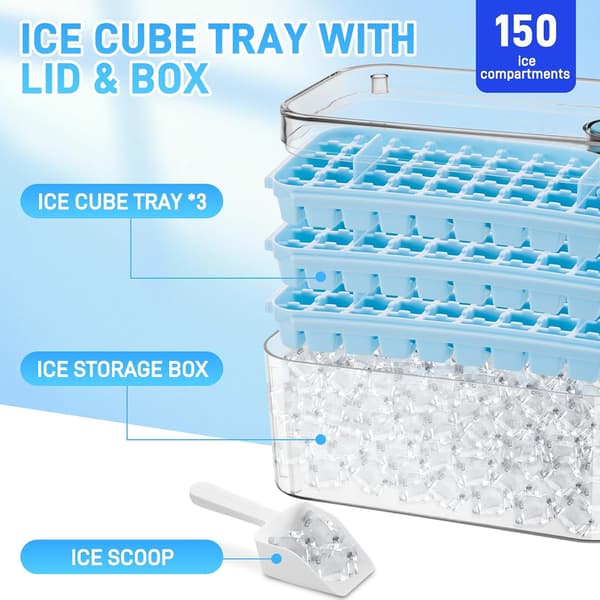 150 Cubes Ice Cube Mold with Lid Including Container, Easily Press to Release Ice, 3 Tiers, Scoop (Blue)