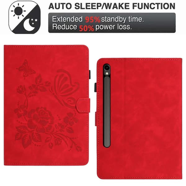 Tabletetui til Samsung Galaxy Tab S10 Lite S10 FE S9 FE S9 kortholder stativ sommerfugl blomsterprint Rød Red Red