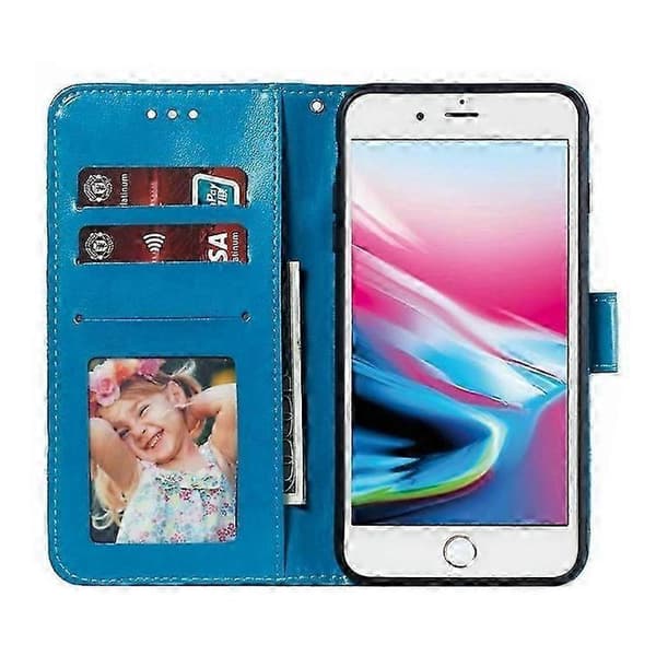Imprint Mandala Blomsterpung Stand Flip Læder Etui med Rem Kompatibel til iPhone 8 Plus/7 Plus 5.5 tommer Blue