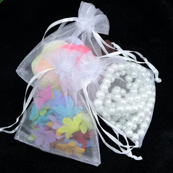 100 stk hvide smykkeposer snøre organza stofpose mini slik