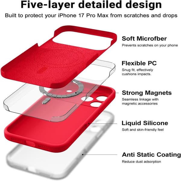 MagSafe-kompatibelt skal för iPhone 17 Pro, flytande silikonskal med mikrofiberfoder (röd) [ZHE] iPhone 17 Pro iPhone 17 Pro Rouge