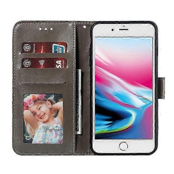 Imprint Mandala Blomsterpung Stand Flip Læder Etui med Rem Kompatibel til iPhone 8 Plus/7 Plus 5.5 tommer Grey