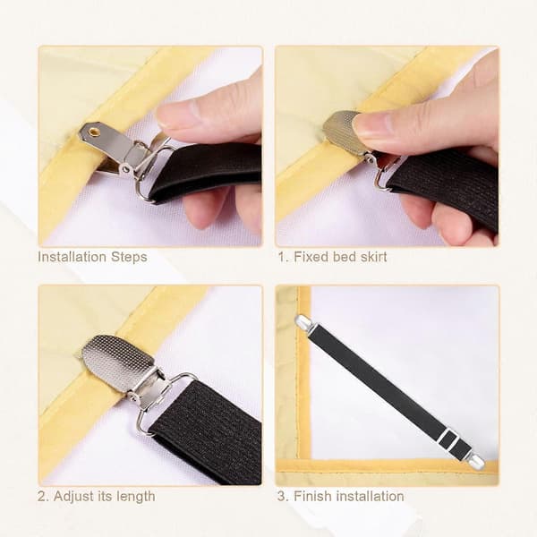 8 Pieces Sheet Clips, Adjustable Sheet Holders, High Elastic Fitted Sheet Straps with Clips, Sheet Fasteners Max Stretch 120cm Black
