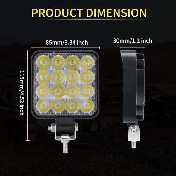 4 stk. firkantede LED arbeidslys, 3,3 tommer Mini 48W 12V lampe, frontlys, tåkelys