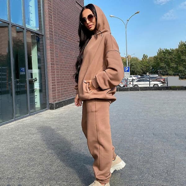 2-delt hættetrøjesæt, ensfarvet pullover-sweatshirt og joggingbukser, tykt træningssæt Camel M