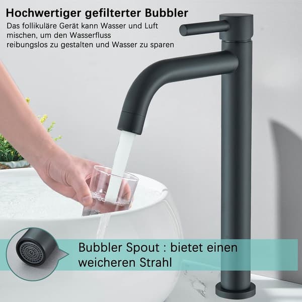 Black Brass Bathroom Basin Faucet - High Spout, Ceramic Cartridge, Embroidered Handle