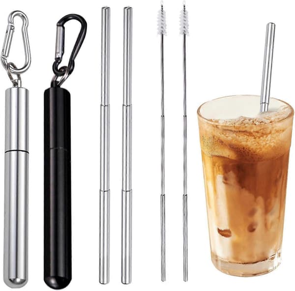 2-pack Reusable Telescopic Metal Straws, Cleaning Brush & Storage Case, Portable Foldable Drinking Straws (Silver & Black)