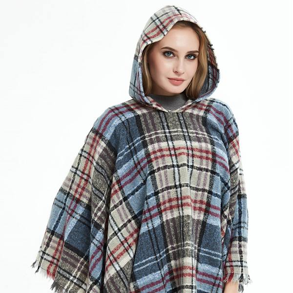 Dame Plaid Hætte Kappe Sjal Tæppe Poncho Hætte Kappe