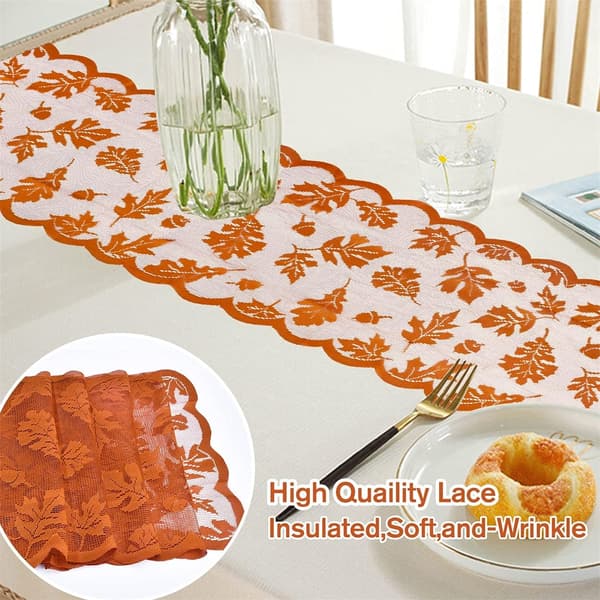 Höstdekoration, Unik Sömlös Design Orange Polyester Bordslöpare, Spetslönnlöv Perfekt för Skördefestmiddagar