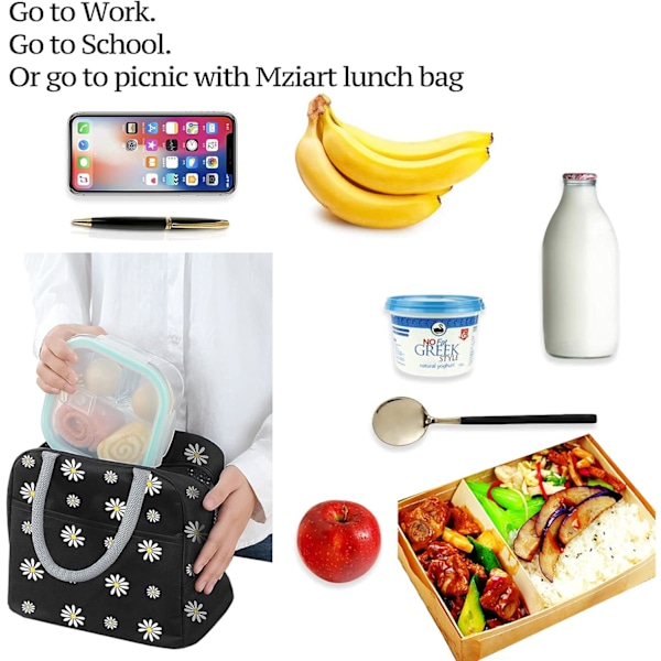 Blommig Lunchväska för Kvinnor, Termisk Isolering Läcksäker Kylväska för Arbete Skola Picknick Strand, Återanvändbar Elegant Tusensköna Väska med Stor Ficka Fram