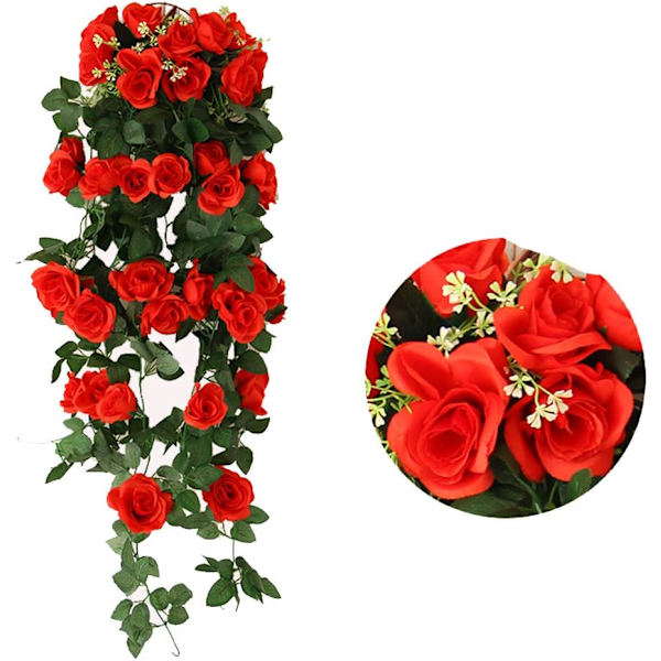 2 stk Kunstige Hengende Planter - Kunstig Silke Rose Blomster Hengende Girlander Rattan Eføy Vine for Bryllup Fest Dekorasjon Hage Vegg