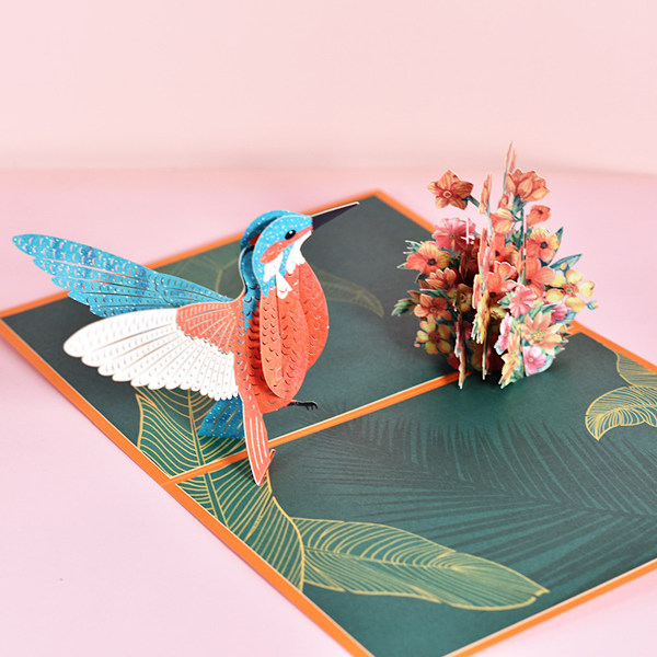 Nydelig håndlaget papir-utskjæring Kolibri Pop Up Kort, 5x7-3D