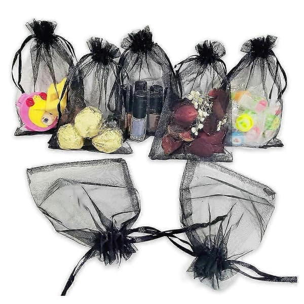 100 stk. Sorte Organza Gaveposer 9x12cm, Mesh Bryllupsgaveposer med Snøre til Smykker Makeup C