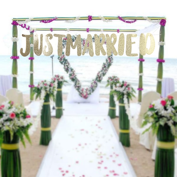 JUST MARRIED Banner Bunting Bokstav Girlander Bryllupsdusj Bryllupsdekorasjon (Gull)