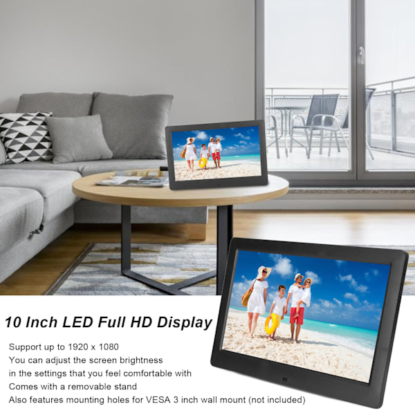 Digital fotoram 10 tum HD LED-skärm bildspel klocka musikfunktion elektroniskt album med fjärrkontroll 110‑240V EU-kontakt