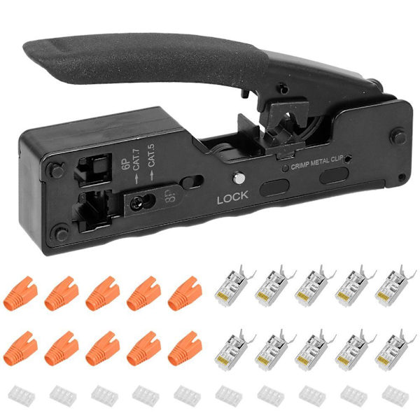 RJ45 Crimpzange + 10 Cat7 Pluggersett Nettverksverktøy Lan Kabeltang Cat 7/6
