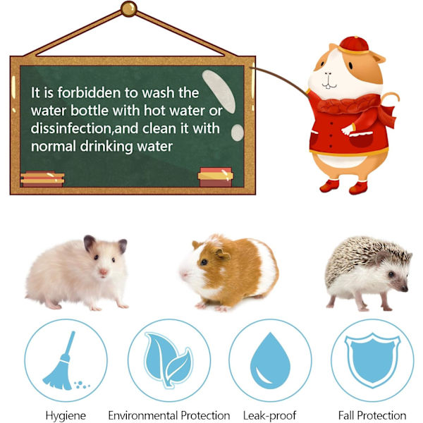 Hamster Vattenflaska för Marsvin Smådjur med Stativhållare - Hängande droppfri för Bur Akvarium (125ml)