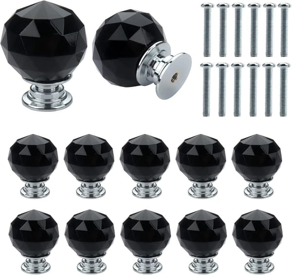 12 Stk. 30mm (Sort) Krystal Kugle Glas Diamant Dørknapper med