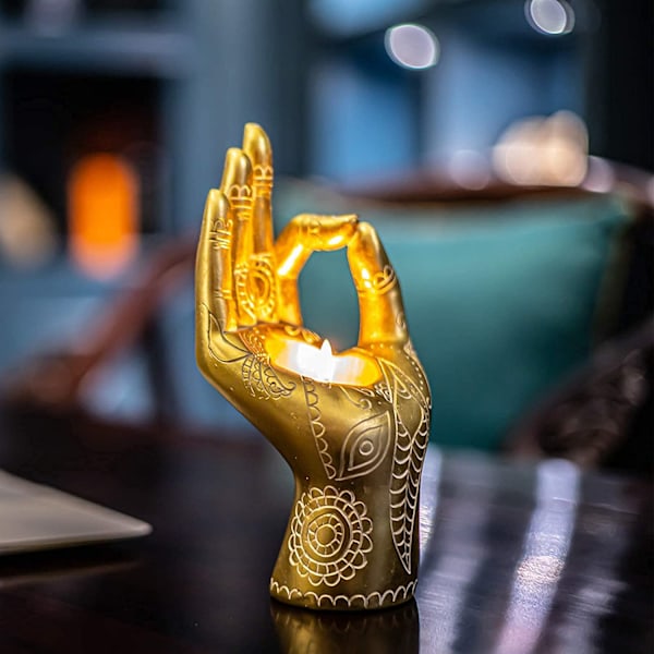 Buddha-yogaljusstake, Mudra-hand-bordsskiva, Tealight-hållare