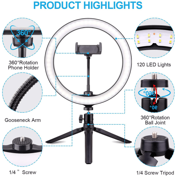 LED-ringlys med stativ og 1 telefonholder, dimmbar skrivebordslampe