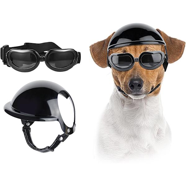 Hjelm og Briller til Hund, Sport Hjelm for Små og Mellomstore Hunder med UV-Beskyttelse, Justerbar Vind- og Snøsikker Hjelm med Briller