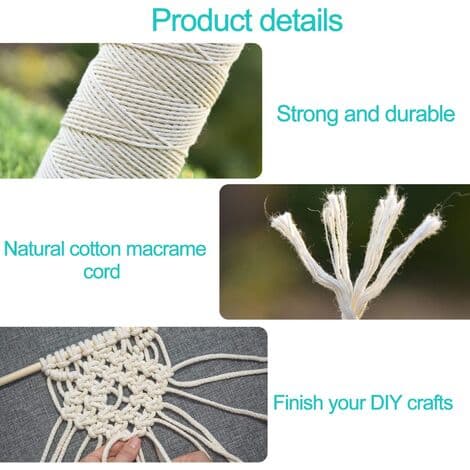 3 mm x 200 m Naturlig Macramé Snor, Macramé Garn Bomuldssnor til Macramé, Macramé Snor DIY Håndarbejde til Vægophæng Bøjle til