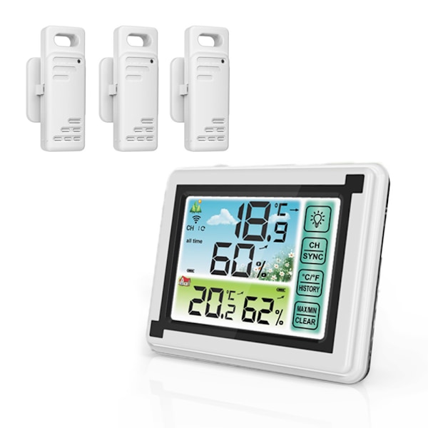 Digital hygrometer med pekskärm för hemmakontor, inomhustermometer med trådlös överföring och väderprognos, stor monokrom display med