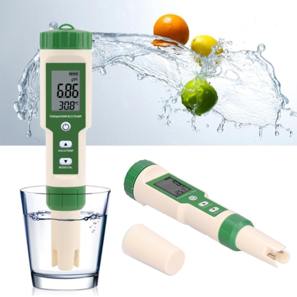 5 i 1 Vandkvalitetsmonitor Analysator Tester PH/TDS/EC/ORP/TEMP Testpen Surhedsgrad Måler