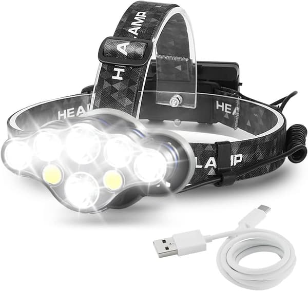 Laderbar hodelykt, Super Lumen 18000, 8 LED lysmoduser, Powe