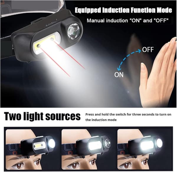 Bærbar LED Hodelykt XPE+COB Hodelykt IR Induksjon 18650 Lys