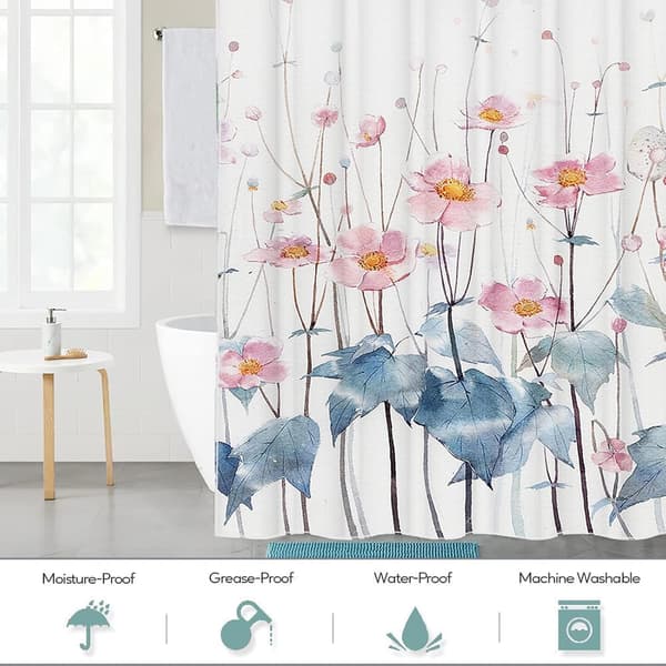 Rosa Blomstrete Dusjforheng Baderom Anti-Mugg Vanntett Vaskbart