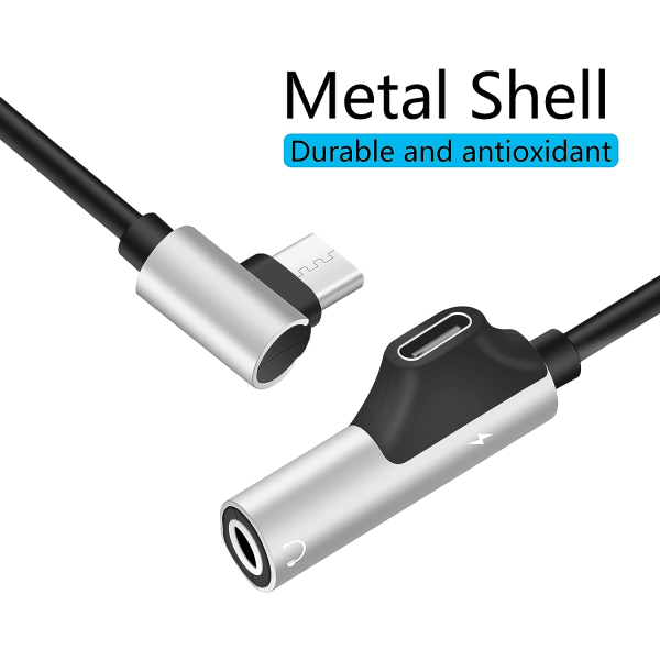 USB-C - 3,5 mm kuulokeliitäntäsovitin ja laturi 90 astetta